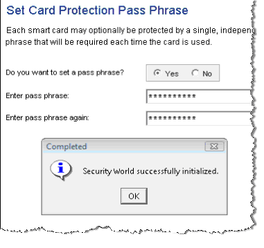 nCipher KeySafe utility displaying the Set Card Protection Pass Phrase window with a pop-up message indicating that the Security World was successfully initialized